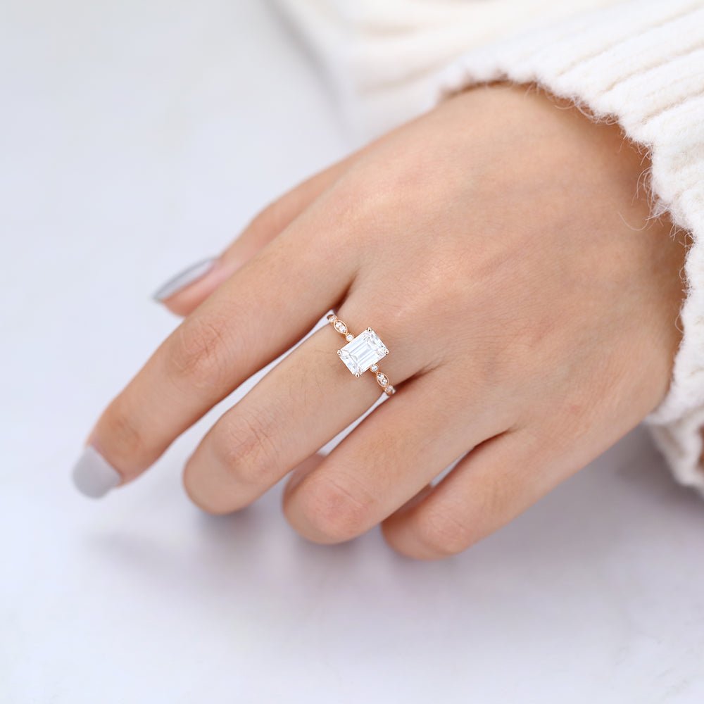 Milgrain Pave Engagement Ring Featuring 1.60 CT Emerald Moissanite 6