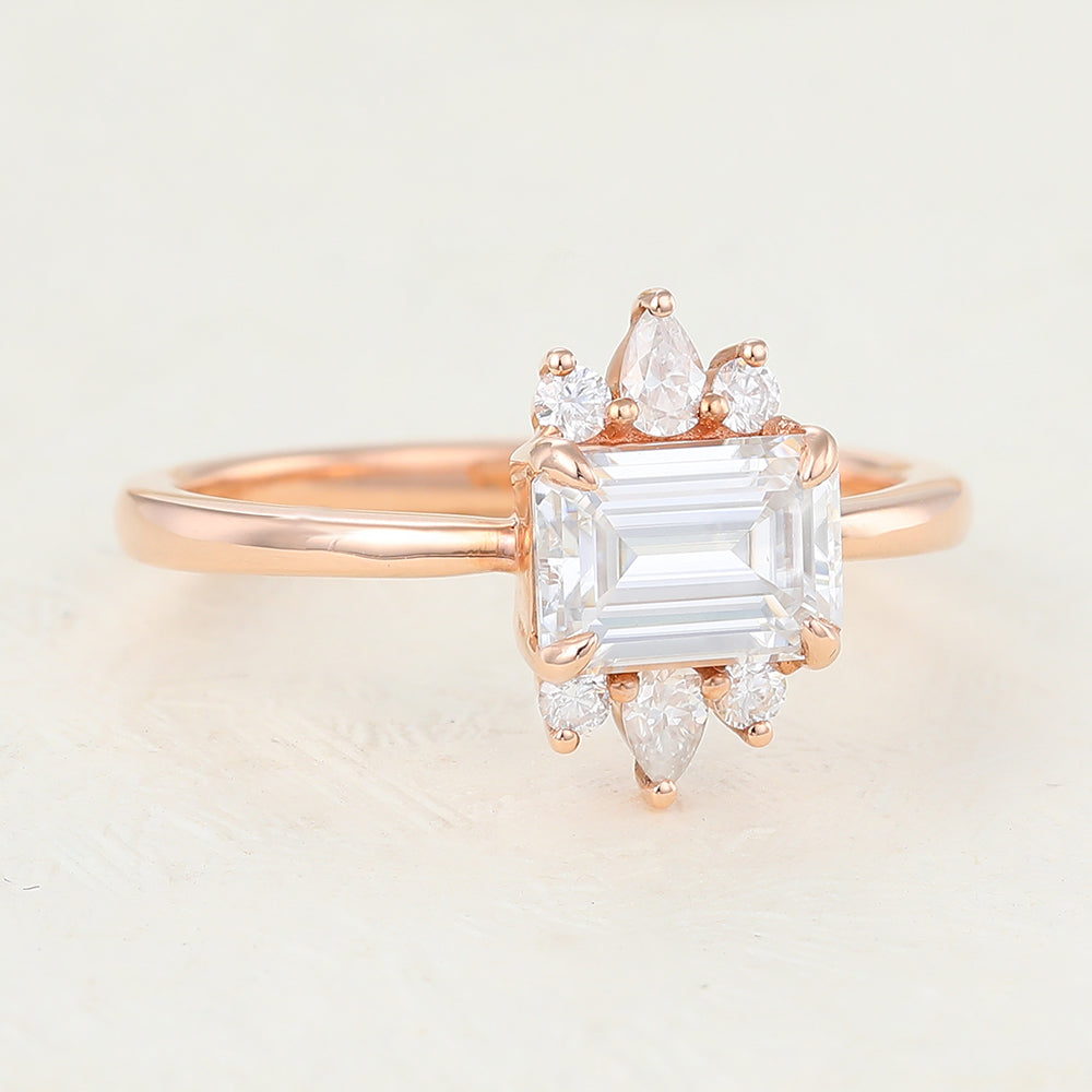 Cluster Engagement Ring Featuring 0.92 CT Emerald Moissanite 3