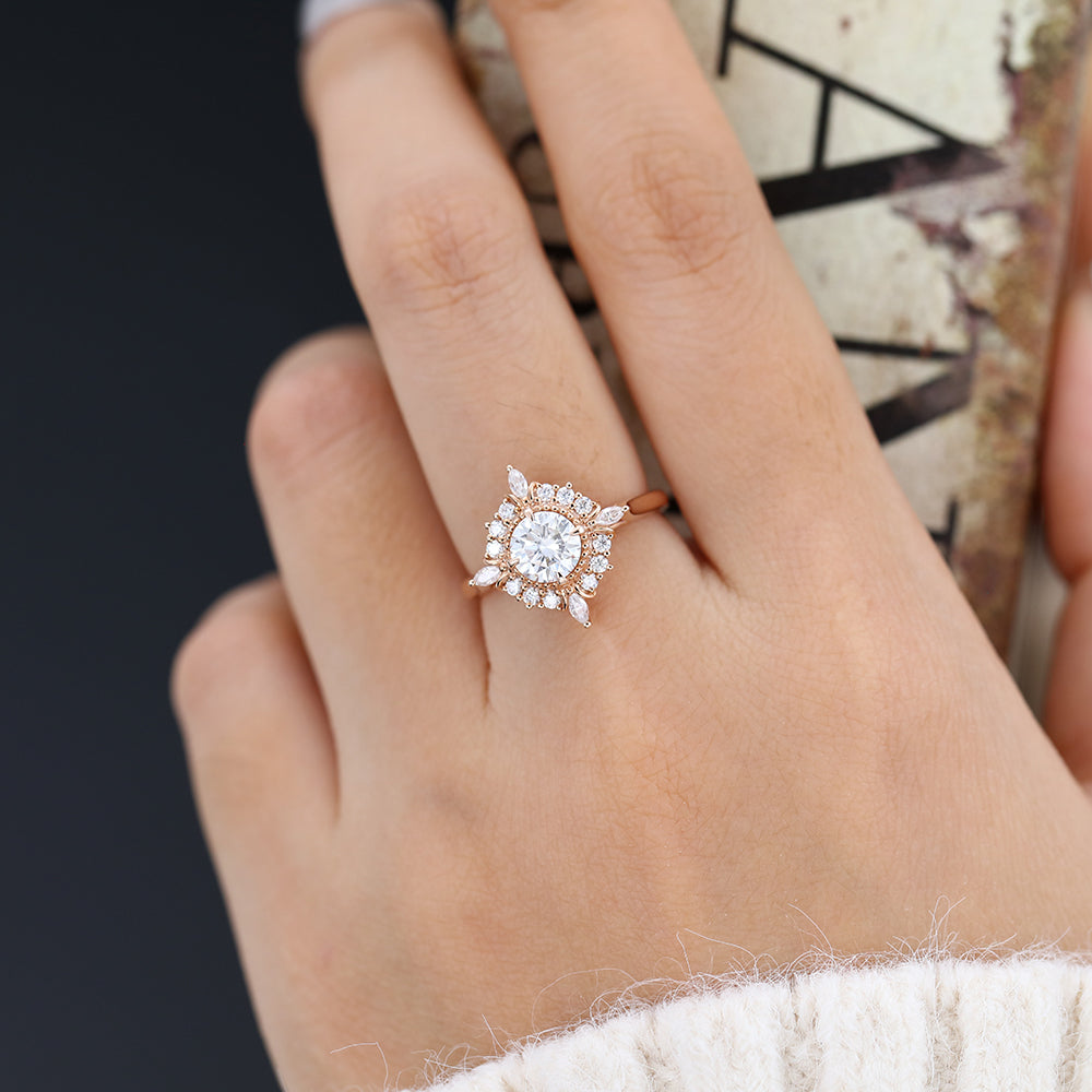 Cluster Engagement Ring Featuring 0.68 CT Round Moissanite 2