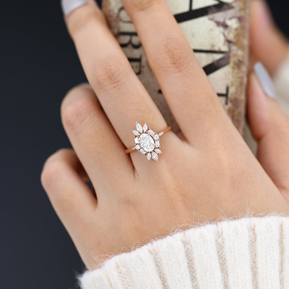 Cluster Engagement Ring Featuring 0.84 CT Oval Moissanite 2