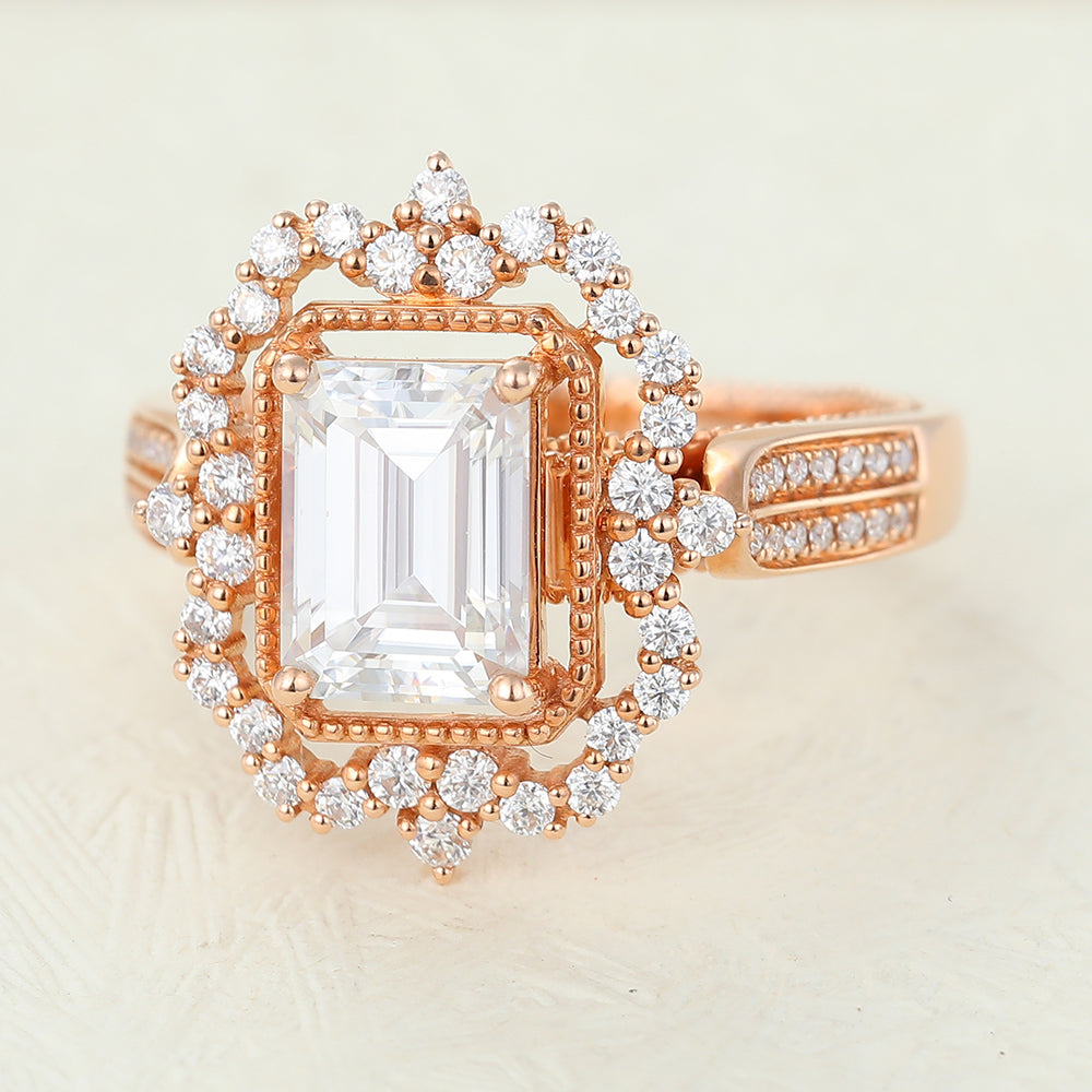 Cluster Halo Engagement Ring Featuring 1.6 CT Emerald Moissanite 1