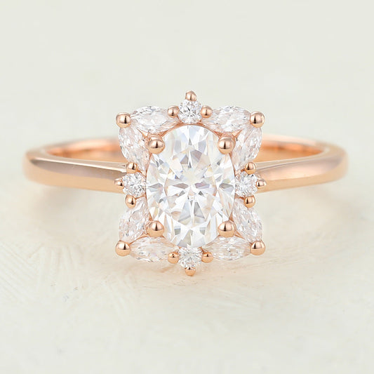 0.84 CT Oval Shaped Moissanite Cluster Engagement Ring 1