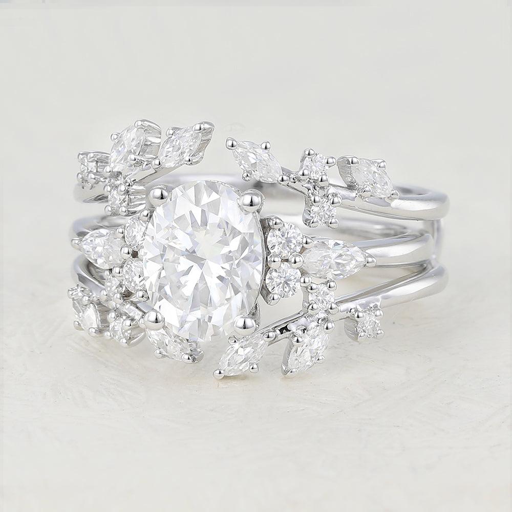 1.33 CT Oval Moissanite Cluster Bridal Ring Set