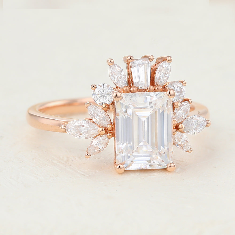 Cluster Engagement Ring Featuring 1.60 CT Emerald Moissanite 4