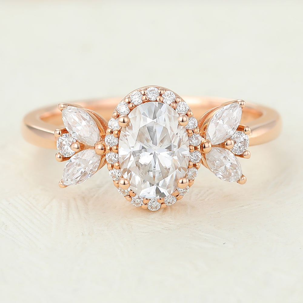 Cluster & Halo Engagement Ring Featuring 0.84 CT Oval Moissanite 1