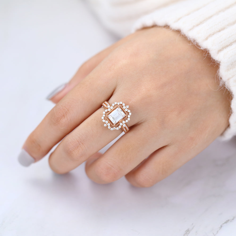 Cluster Halo Engagement Ring Featuring 1.6 CT Emerald Moissanite 2