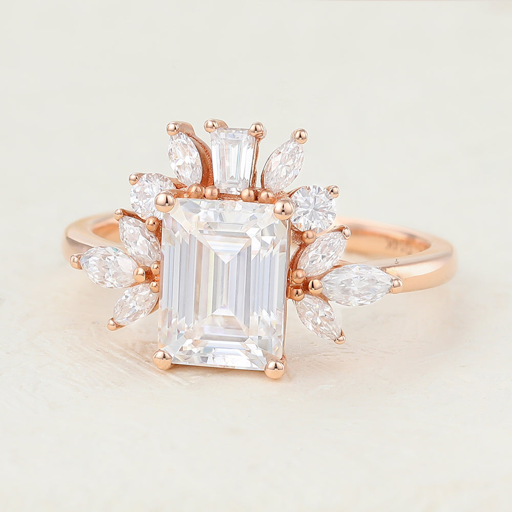 Cluster Engagement Ring Featuring 1.60 CT Emerald Moissanite 3