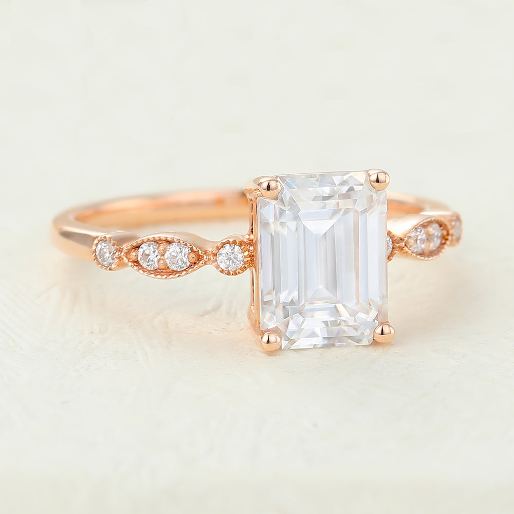 Milgrain Pave Engagement Ring Featuring 1.60 CT Emerald Moissanite 4