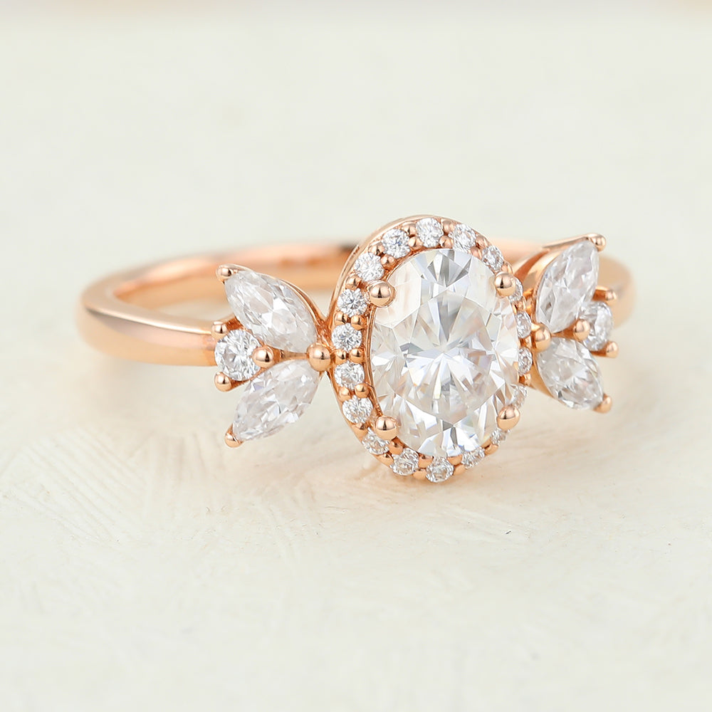 Cluster & Halo Engagement Ring Featuring 0.84 CT Oval Moissanite 3