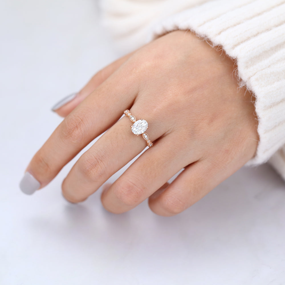 Milgrain Pave Engagement Ring Featuring 1.33 CT Oval Moissanite 6