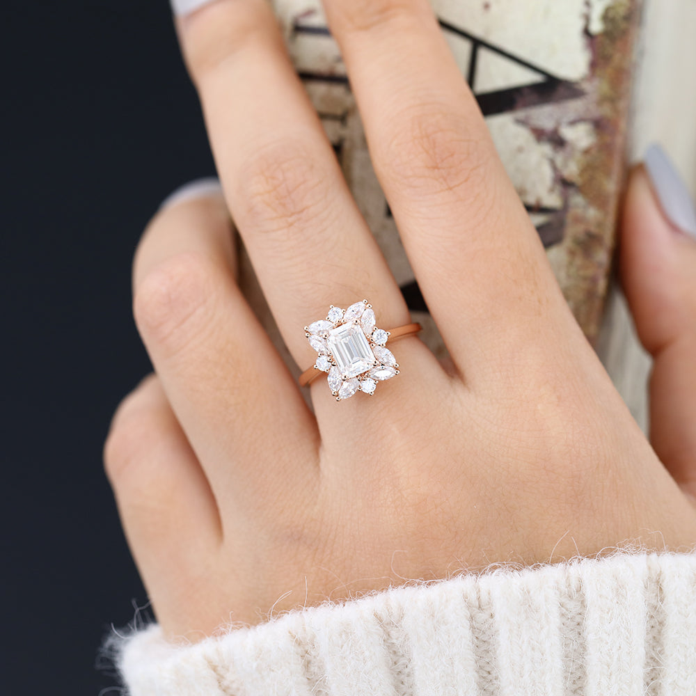 Cluster Engagement Ring Featuring 0.92 CT Emerald Moissanite 2