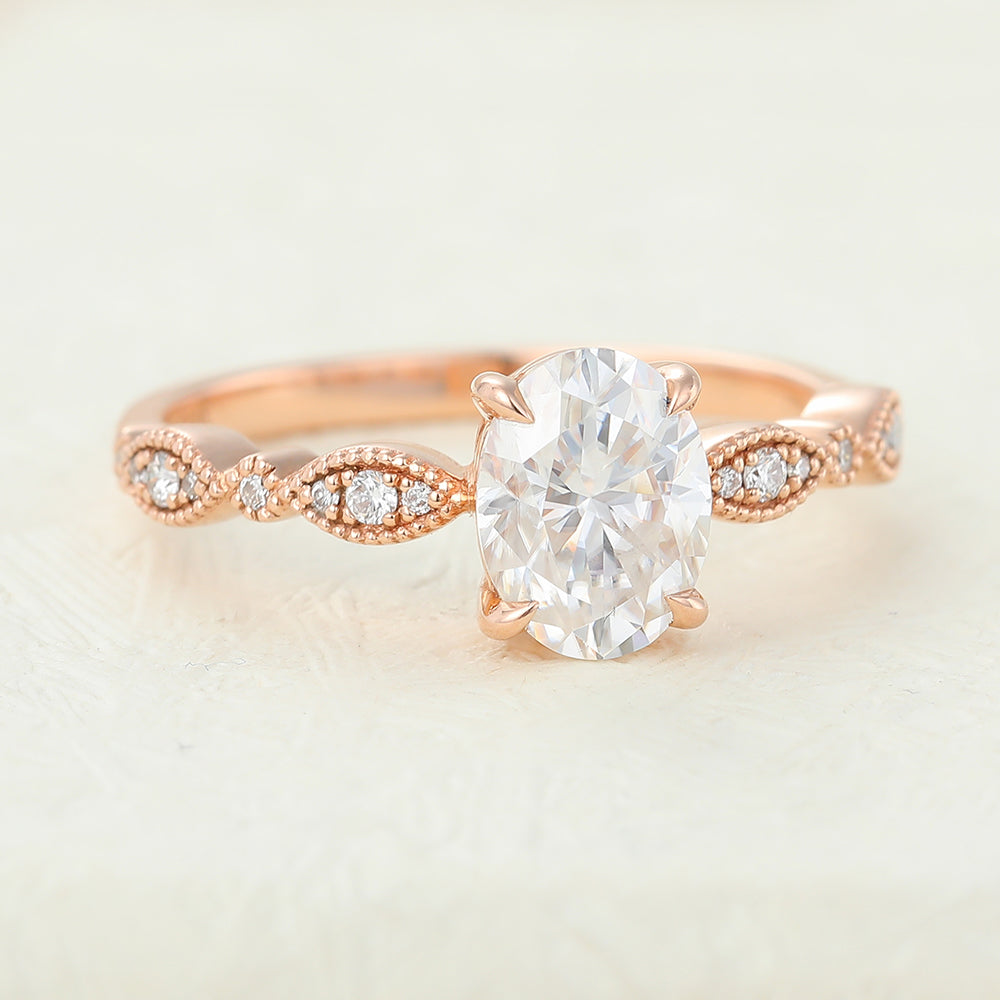 Milgrain Pave Engagement Ring Featuring 1.33 CT Oval Moissanite 4