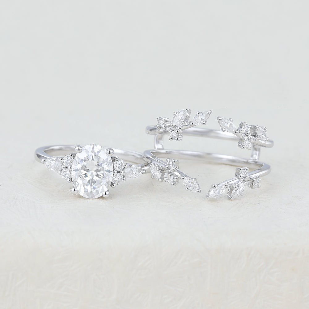 1.33 CT Oval Moissanite Cluster Bridal Ring Set