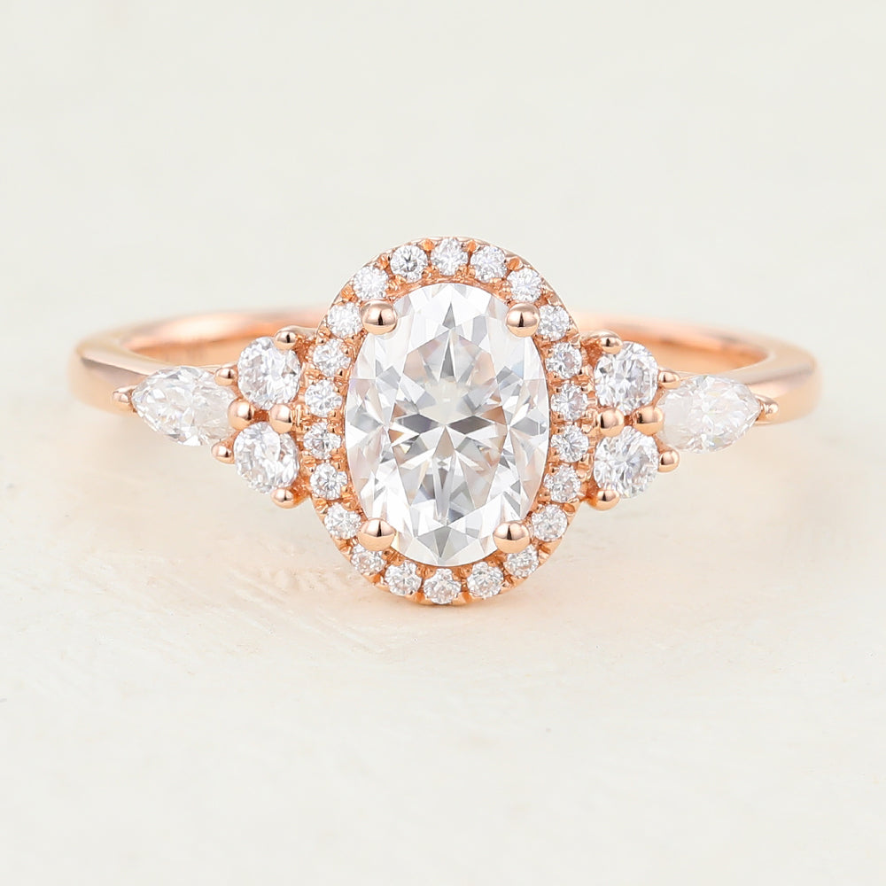 Cluster Halo Engagement Ring Featuring 0.84 CT Oval Moissanite 1