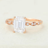 Milgrain Pave Engagement Ring Featuring 1.60 CT Emerald Moissanite 3