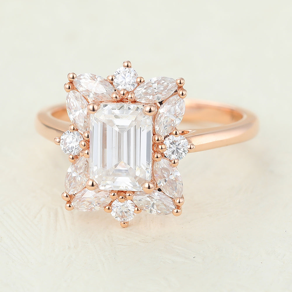 Cluster Engagement Ring Featuring 0.92 CT Emerald Moissanite 4