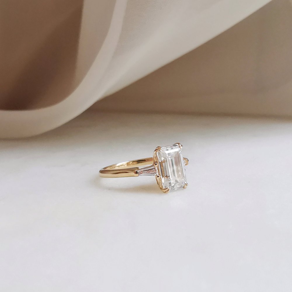1.70 CT Emerald Shaped Moissanite Three Stone Engagement Ring