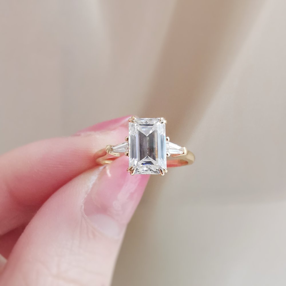1.70 CT Emerald Shaped Moissanite Three Stone Engagement Ring