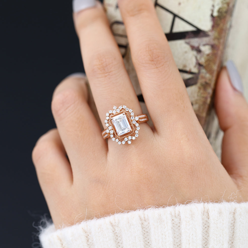 Cluster Halo Engagement Ring Featuring 1.6 CT Emerald Moissanite 5