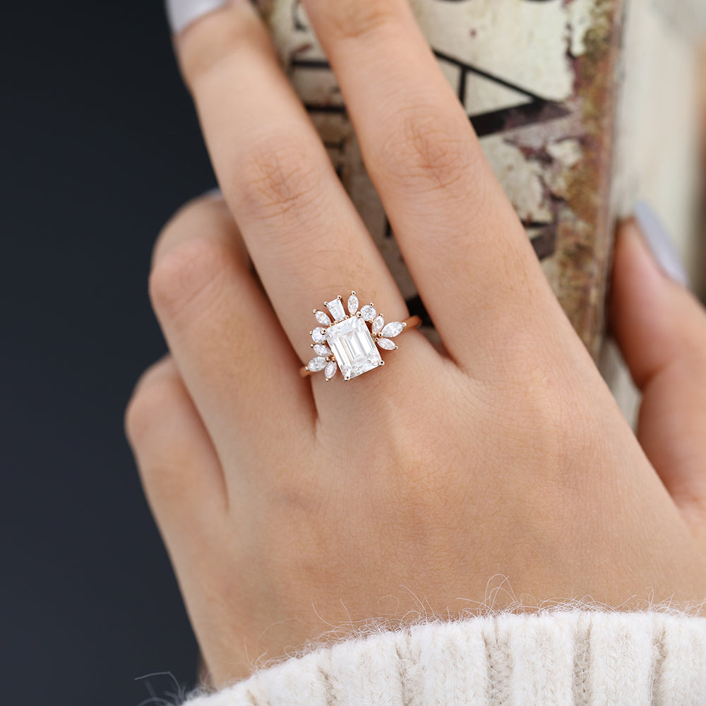 Cluster Engagement Ring Featuring 1.60 CT Emerald Moissanite 2