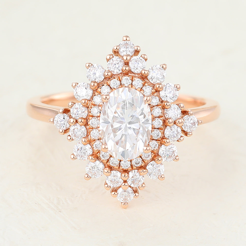 Cluster Halo Engagement Ring Featuring 1.33 CT Oval Moissanite 1