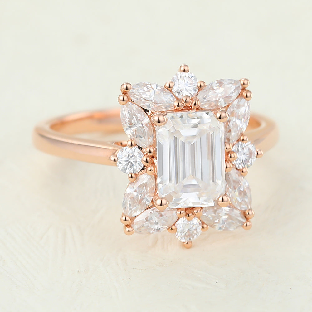 Cluster Engagement Ring Featuring 0.92 CT Emerald Moissanite 3