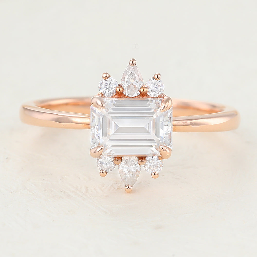 Cluster Engagement Ring Featuring 0.92 CT Emerald Moissanite 1