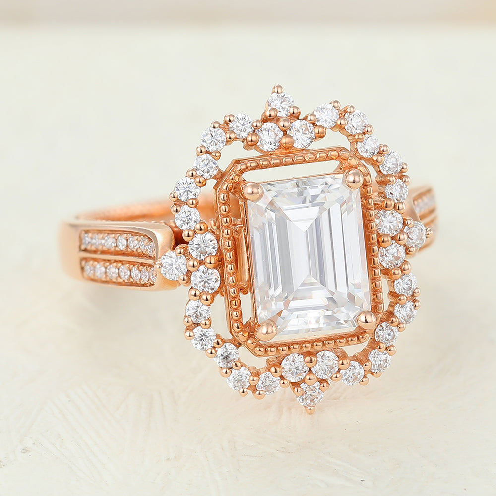 Cluster Halo Engagement Ring Featuring 1.6 CT Emerald Moissanite 6