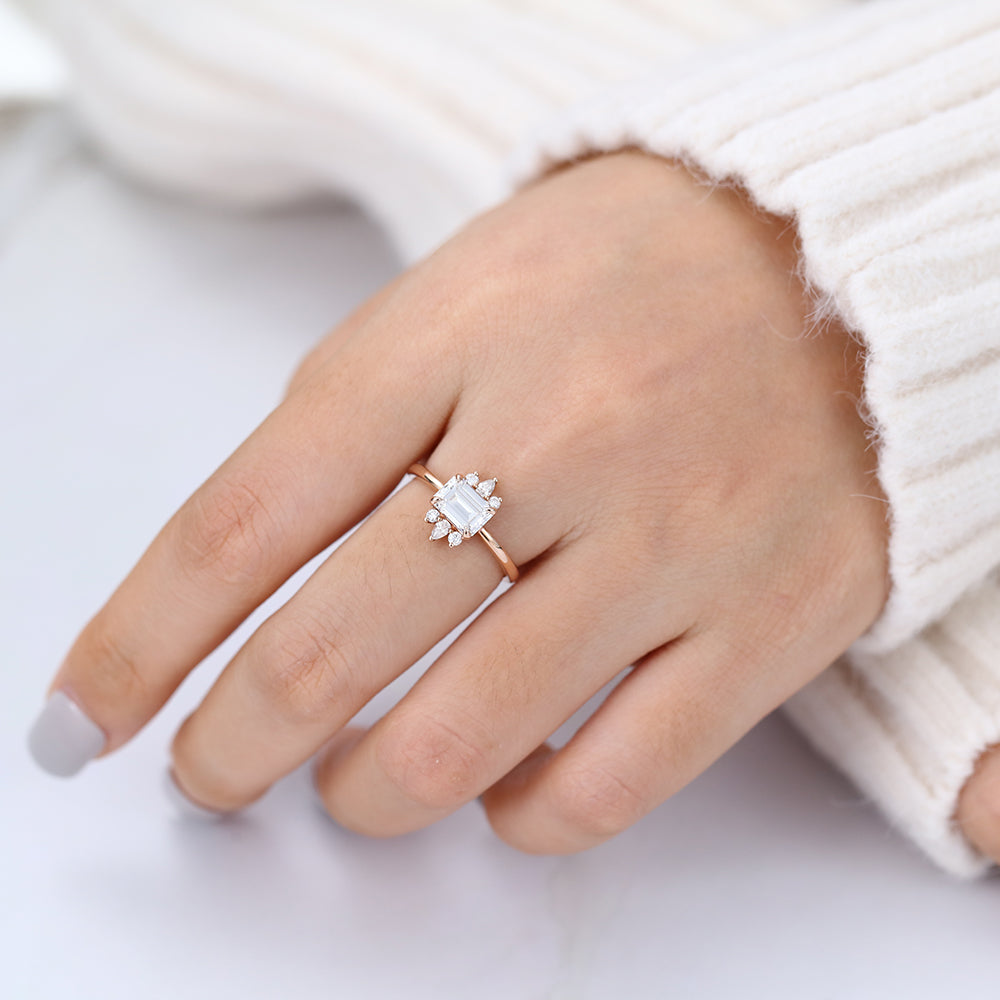 Cluster Engagement Ring Featuring 0.92 CT Emerald Moissanite 6