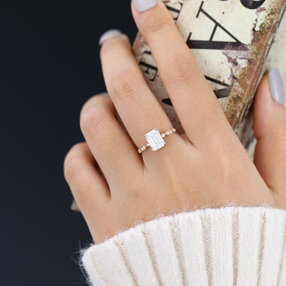 Milgrain Pave Engagement Ring Featuring 1.60 CT Emerald Moissanite 2