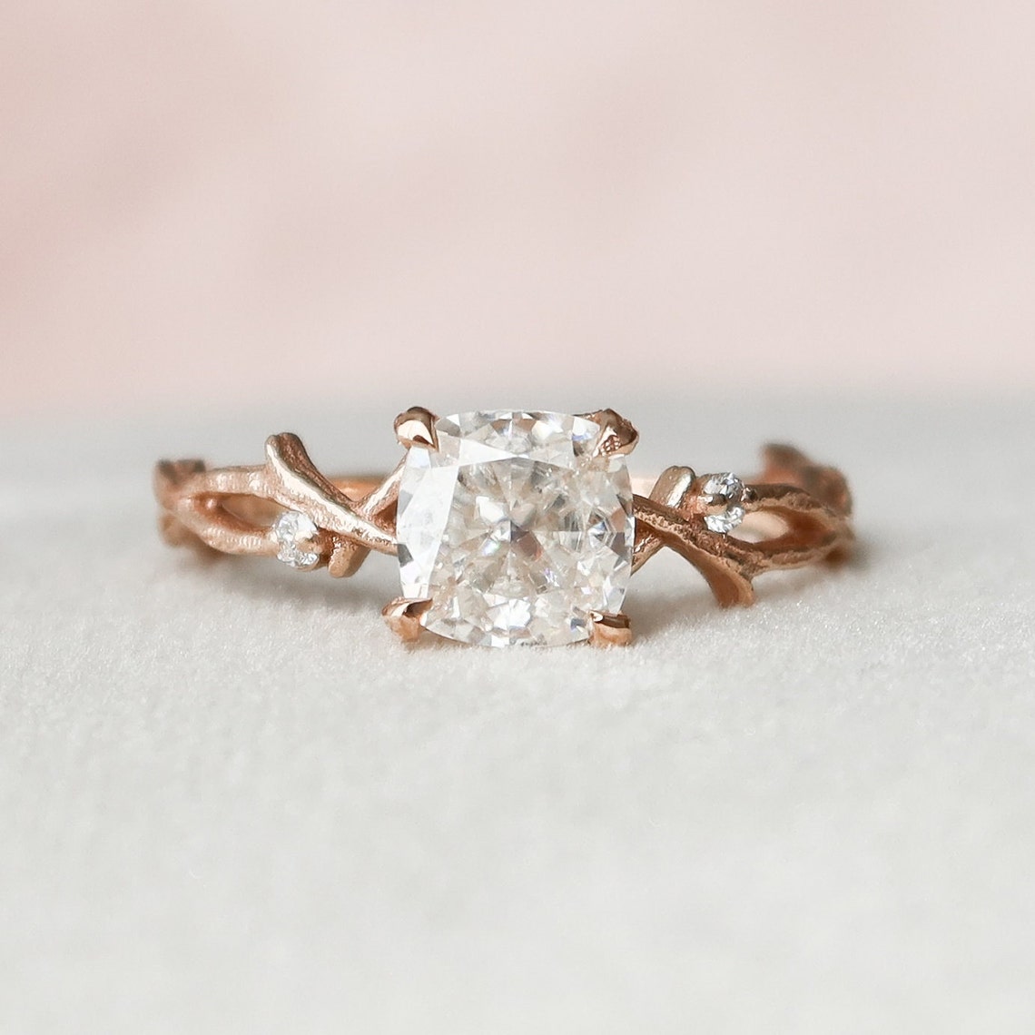 1.0 CT Cushion Shape Twig Setting Moissanite Engagement Ring 6