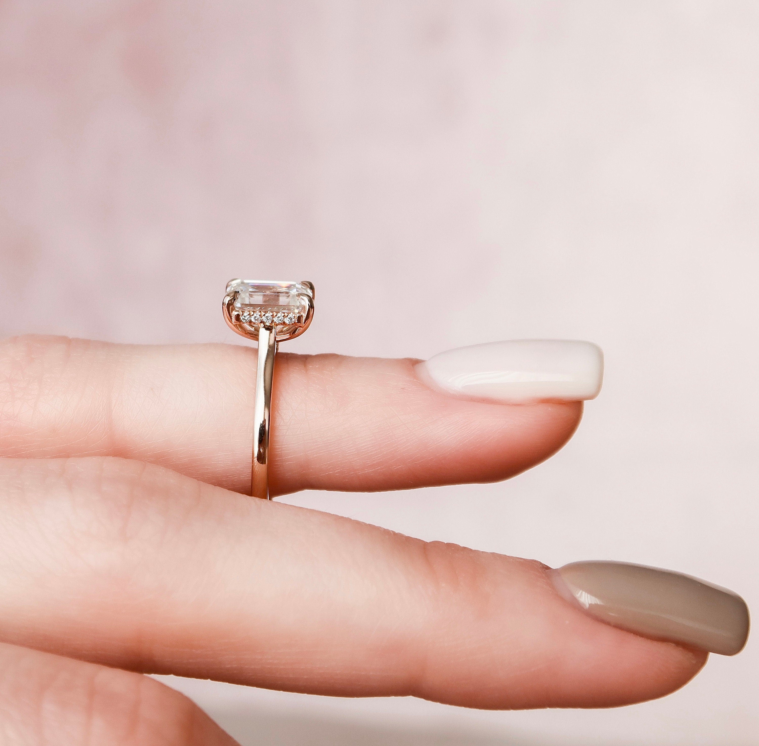 1.5 CT Emerald Shape Hidden Halo Moissanite Engagement Ring 7