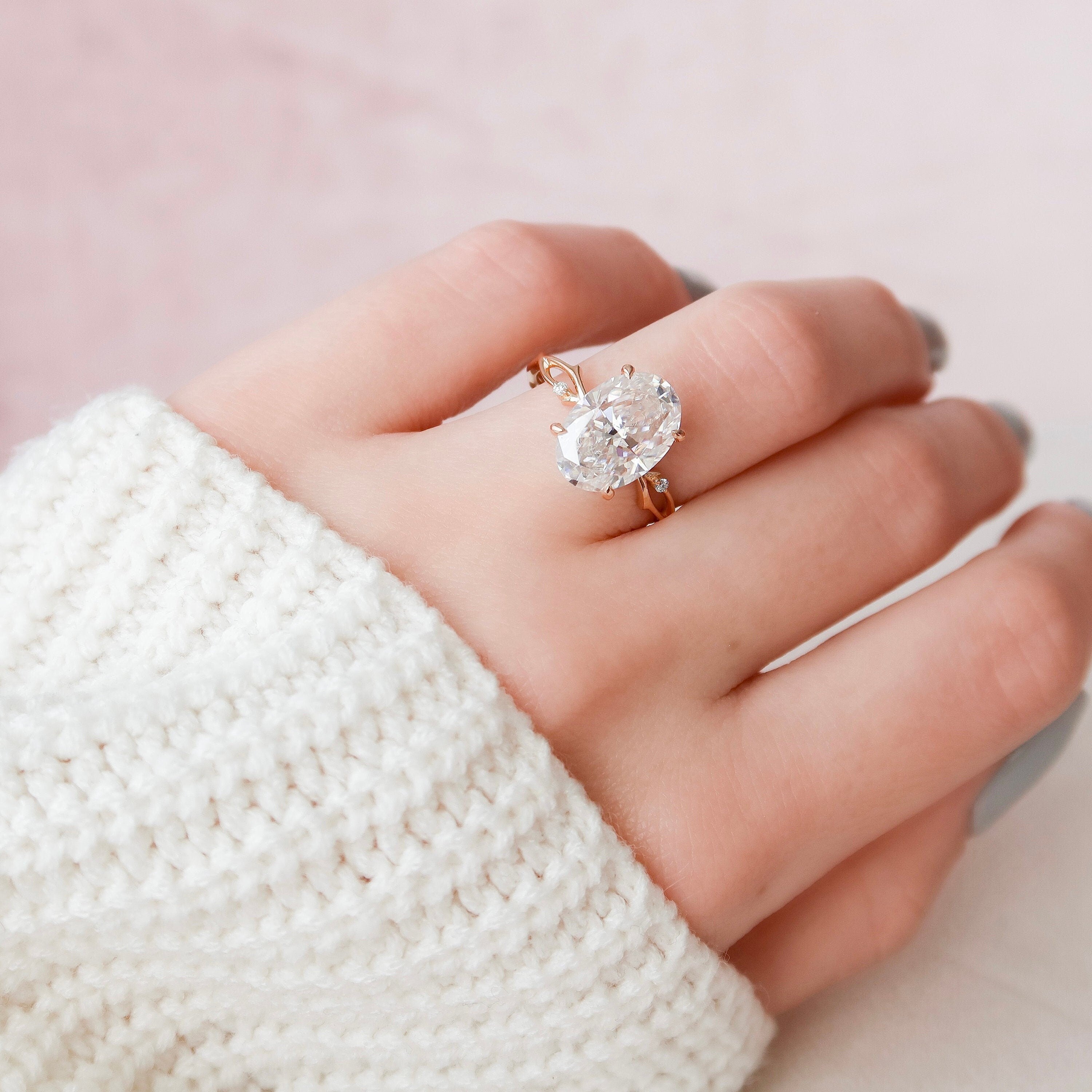 5.0 CT Oval Shape Twig Pave Style Moissanite Engagement Ring 8