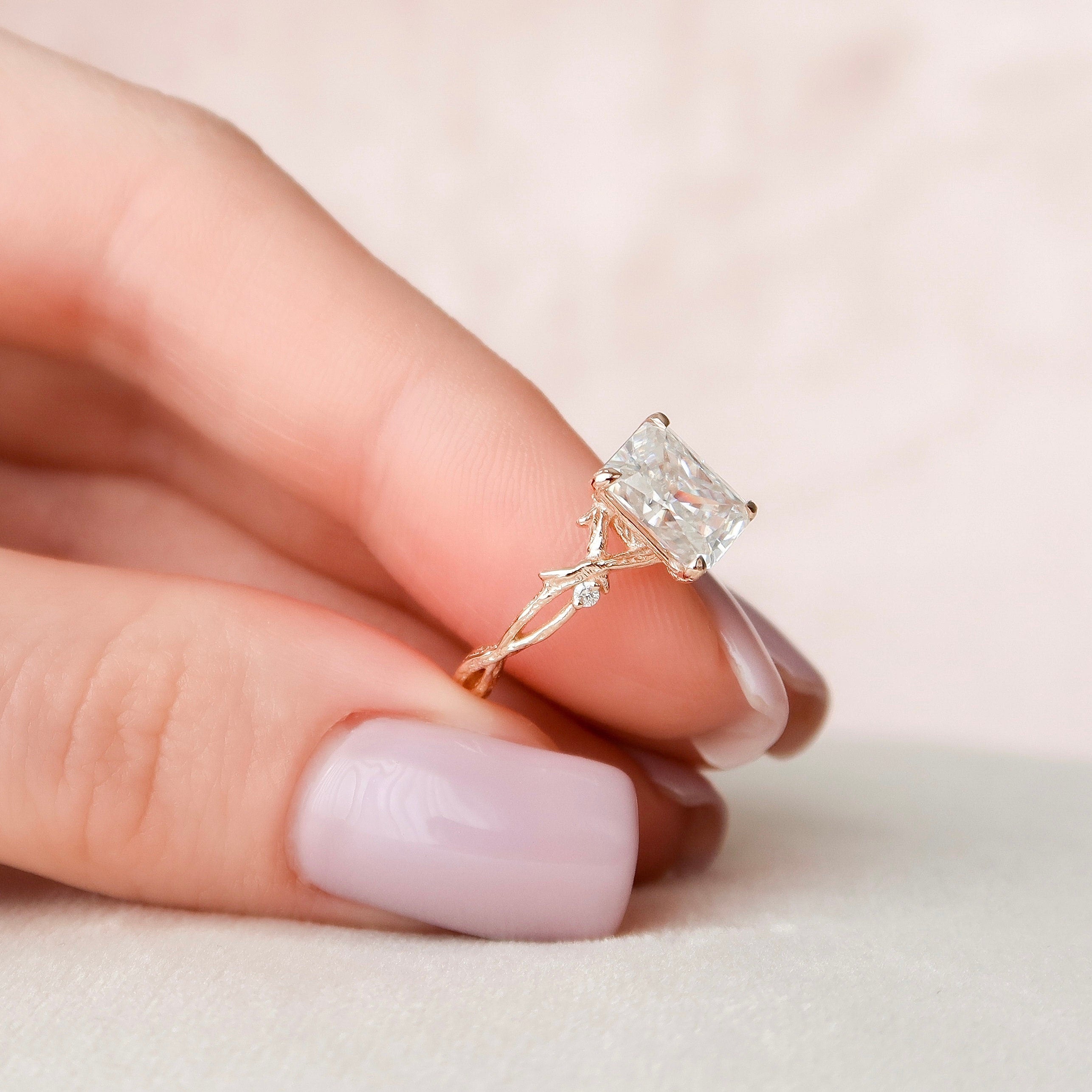 2.0 CT Radiant Shape Twig Pave Moissanite Engagement Ring 8