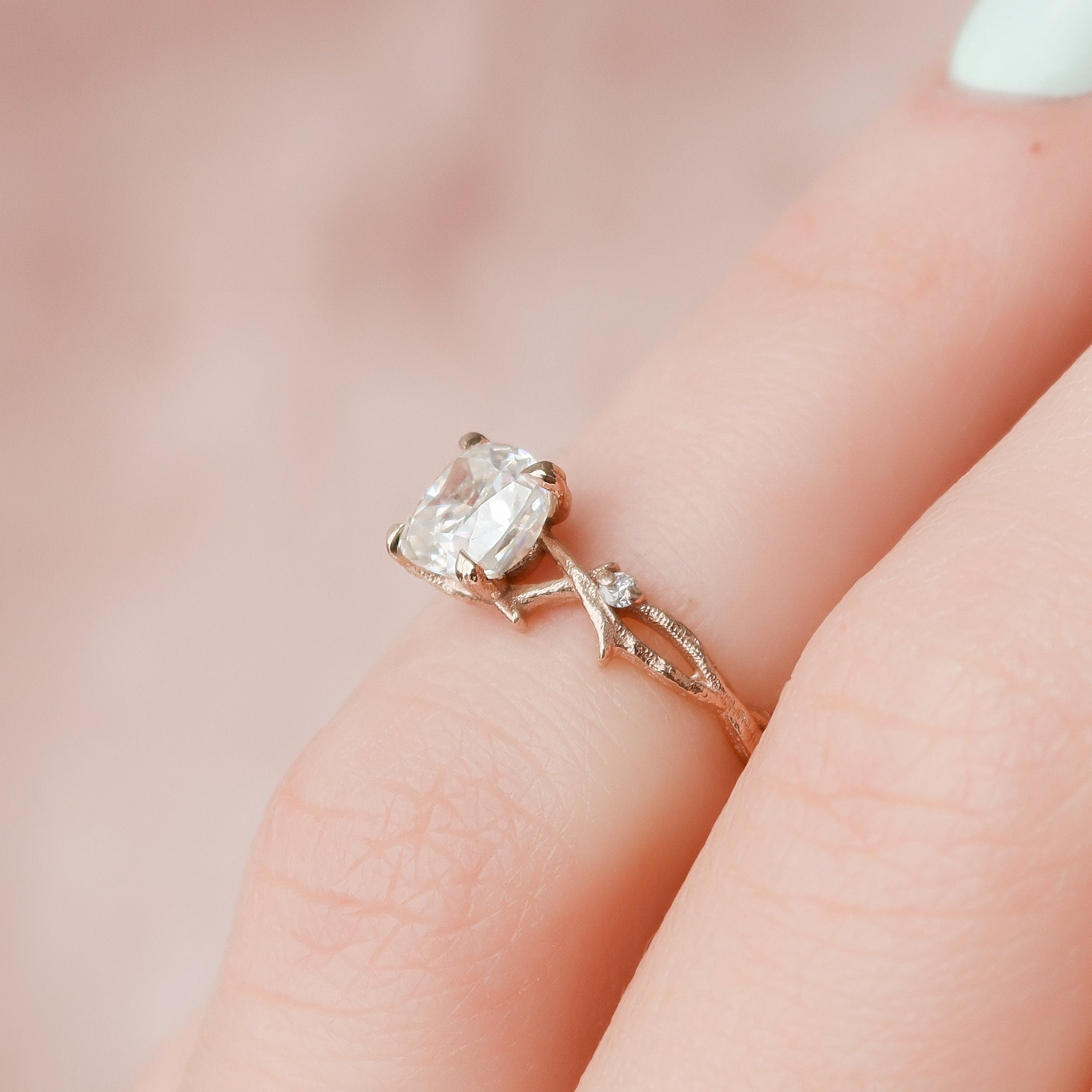 1.0 CT Cushion Shape Twig Setting Moissanite Engagement Ring 8