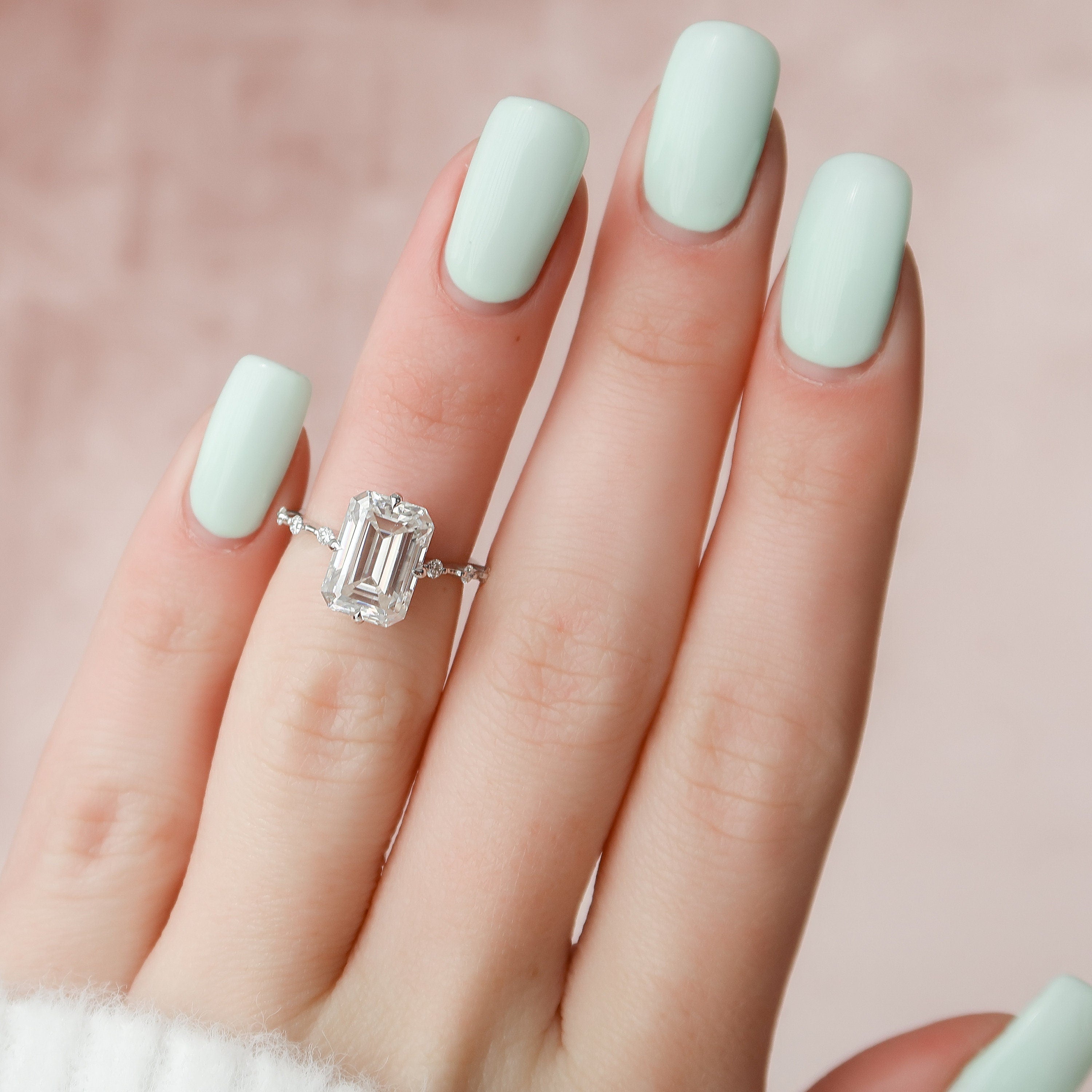 3.0 CT Emerald Shape Dainty Pave Moissanite Engagement Ring 1