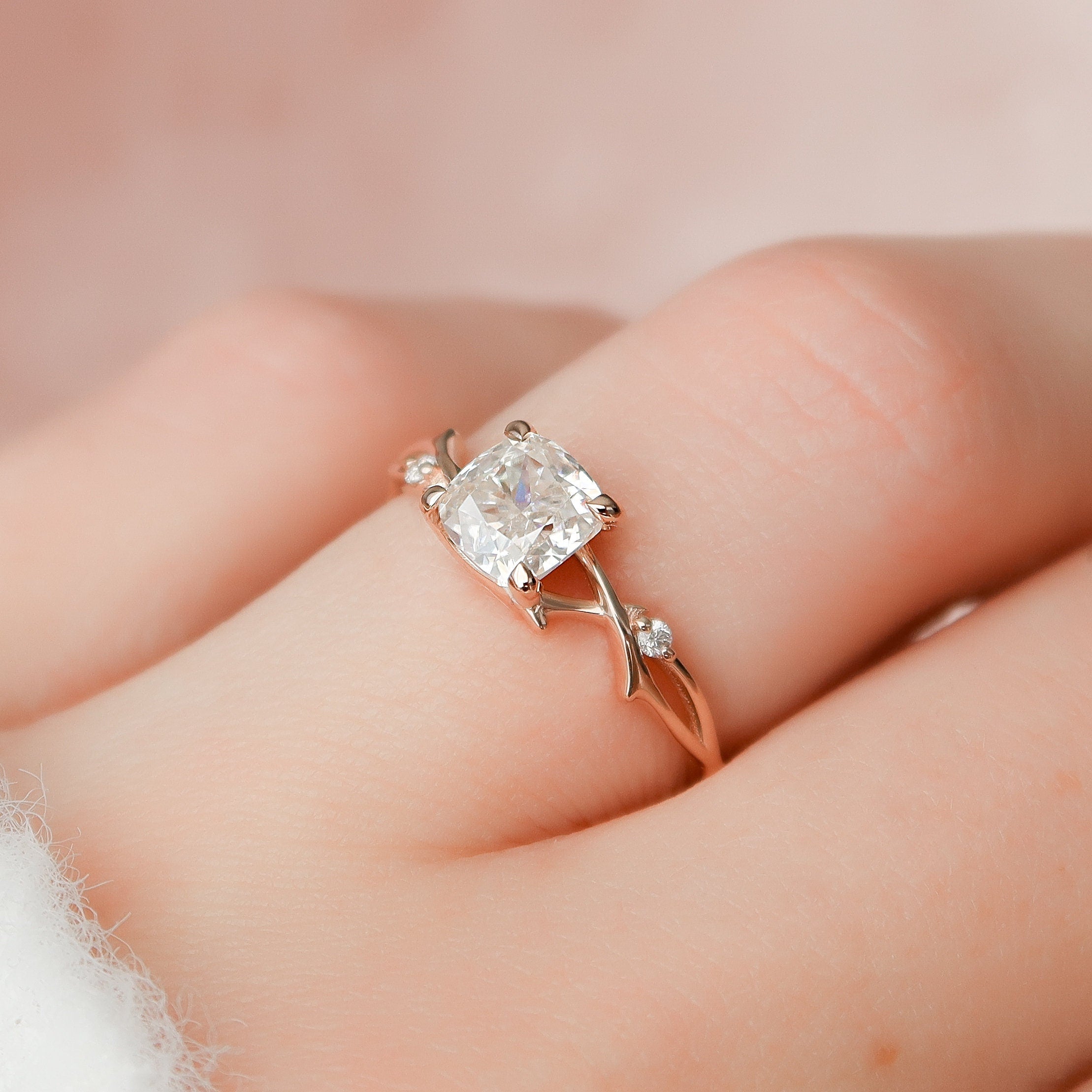 1.0 CT Cushion Shape Twig Setting Moissanite Engagement Ring 10