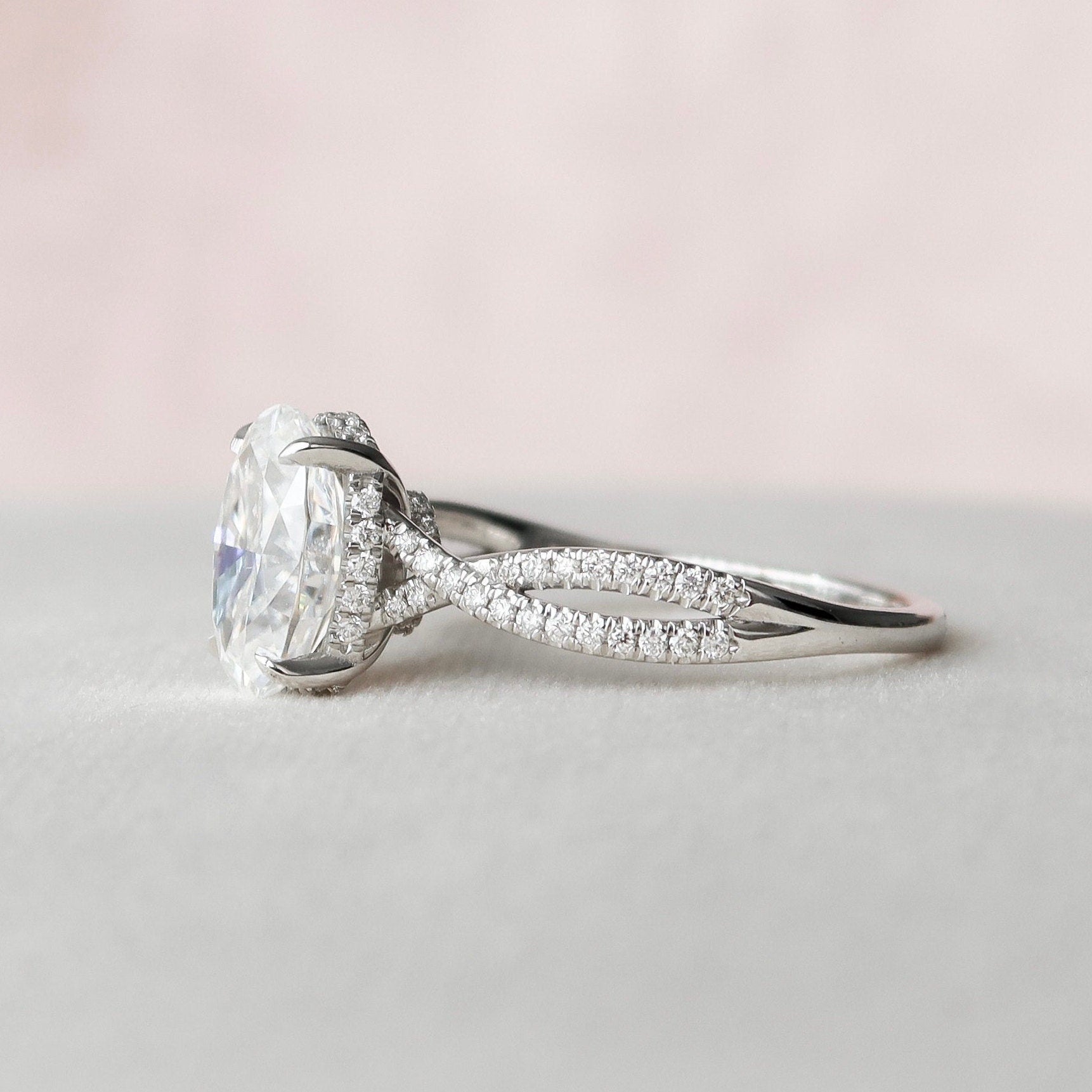 3.0 CT Oval Cut Cross Over Pave Moissanite Engagement Ring 6