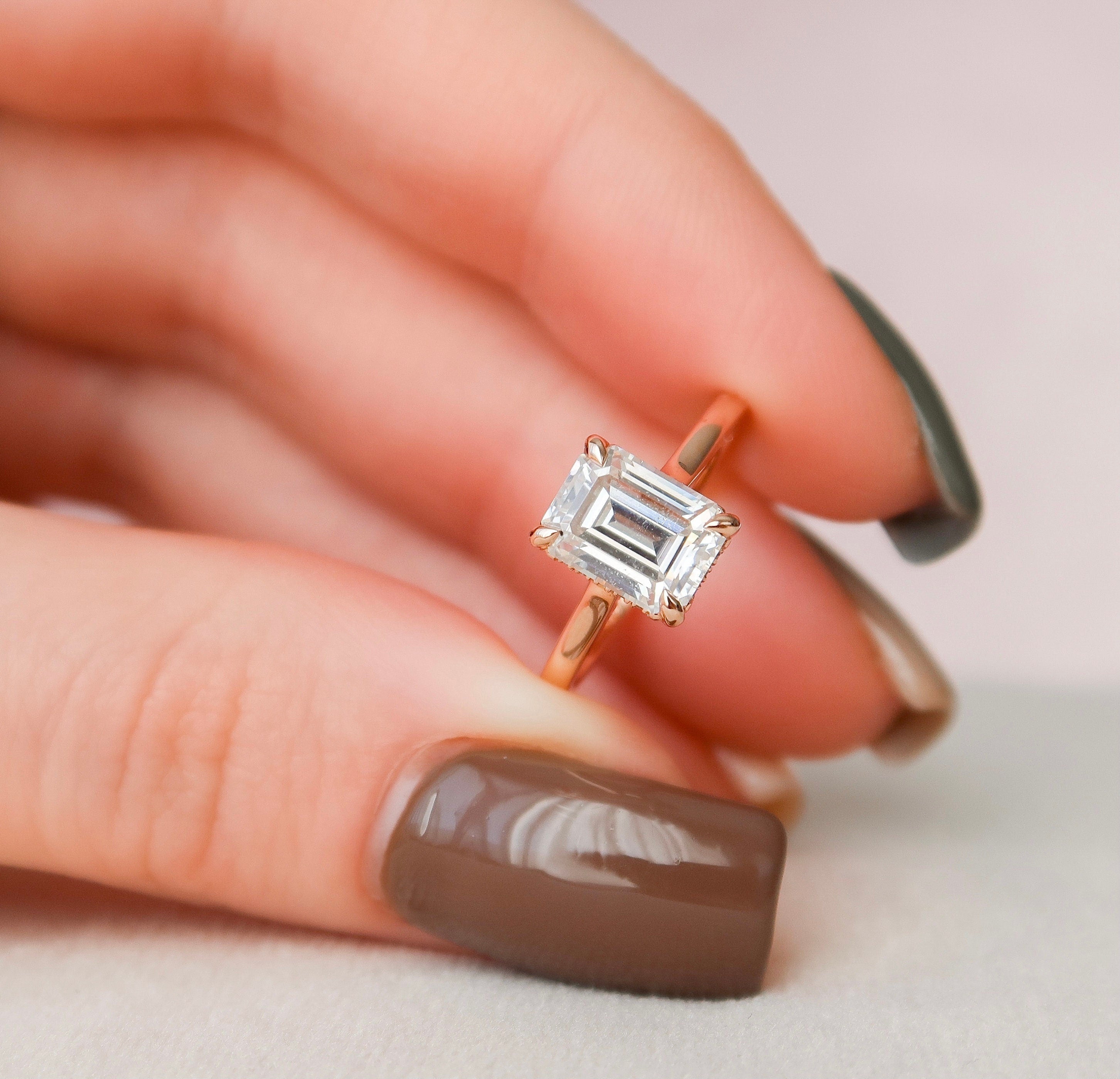 1.5 CT Emerald Shape Hidden Halo Moissanite Engagement Ring 2