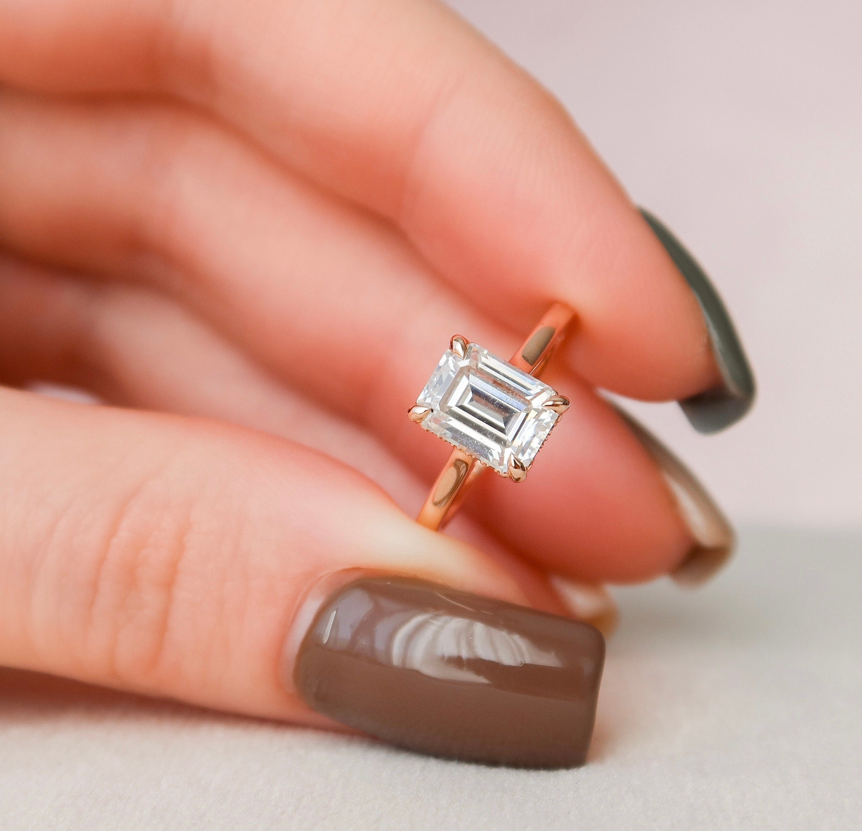 1.5 CT Emerald Shape Hidden Halo Moissanite Engagement Ring 2