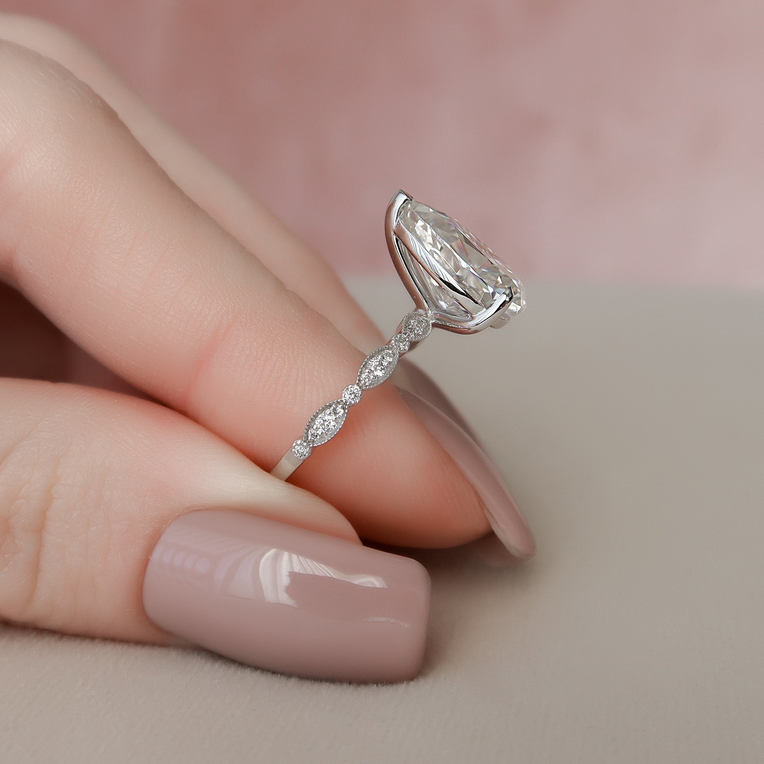 3.0 CT Pear Shape Milgrain Pave Moissanite Engagement Ring 4